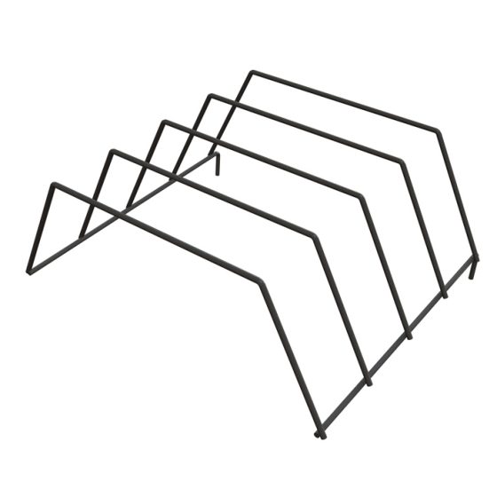 Gondola shelf organizer display with metal wire dividers, designed to improve product visibility and keep product on retail shelves neatly arranged.