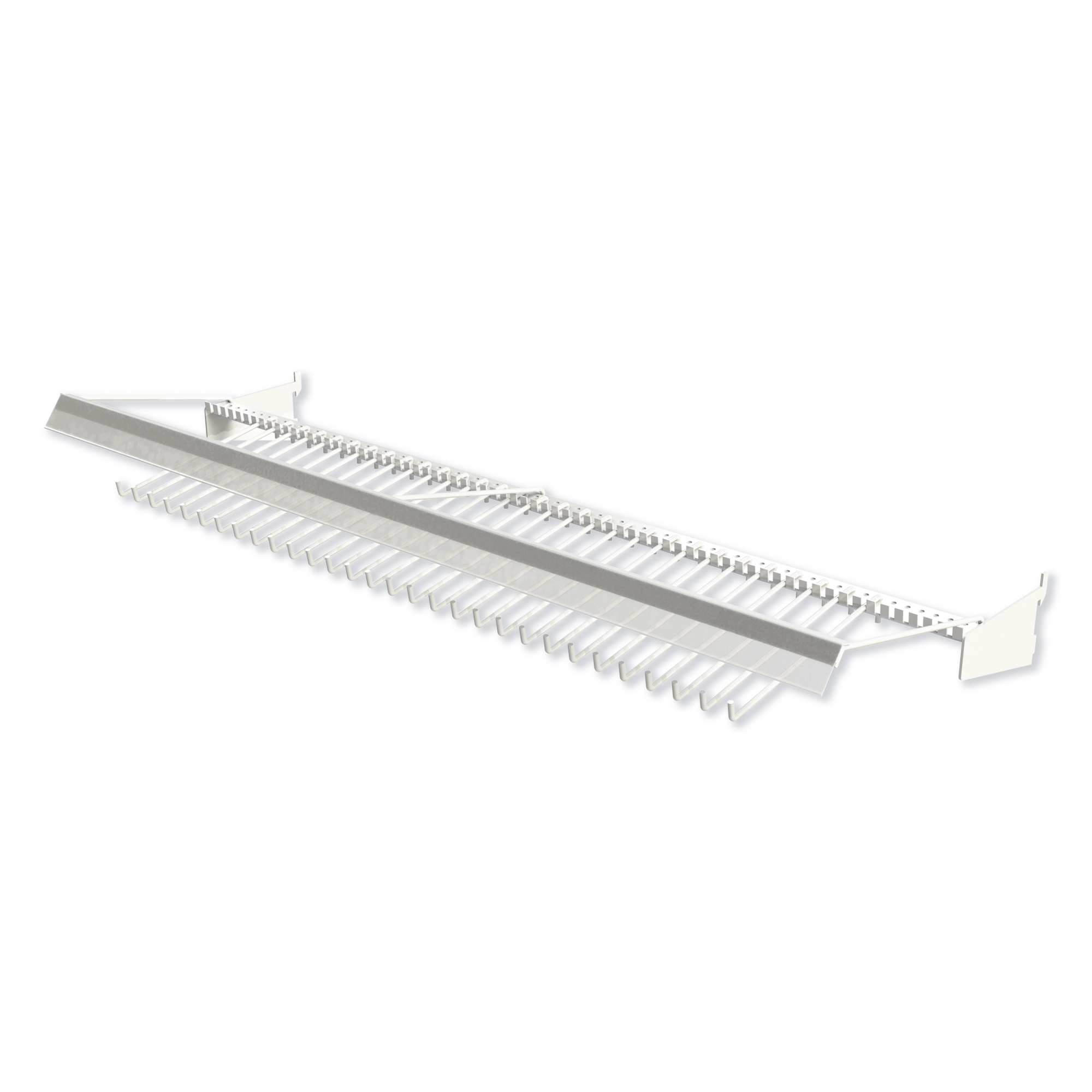 Gondola peg hook bar with adjustable wire pegs mounted on slotted gondola uprights in a retail aisle