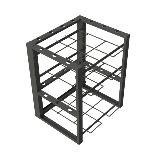 Empty black steel patio umbrella floor stand with three welded wire shelves for base plates