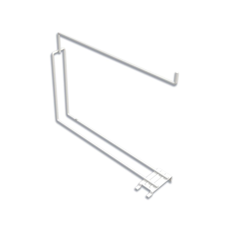 Retail gondola shelf hook in white for shelving, designed for hanging packaged merchandise on shelf.
