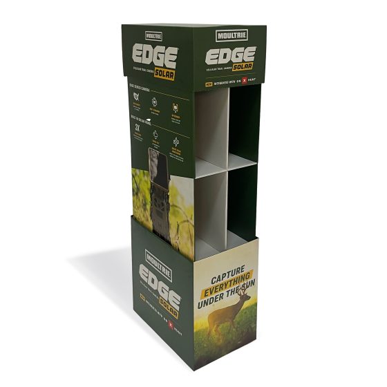 Corrugated floor display for Moultrie Edge Solar trail cameras featuring green graphics, branded header, deer imagery, and divided compartments for product placement.