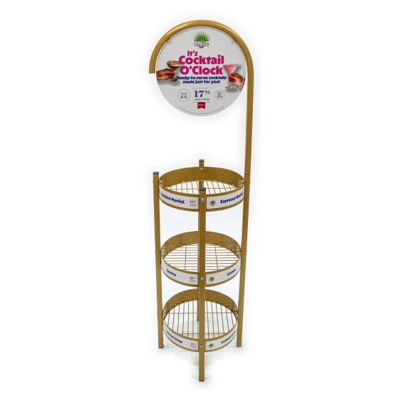 Gold-finished 3-tier wire dump bin display featuring round baskets and curved header graphic showcasing Rancho La Gloria Cocktail O'Clock branding with 17% alcohol content messaging