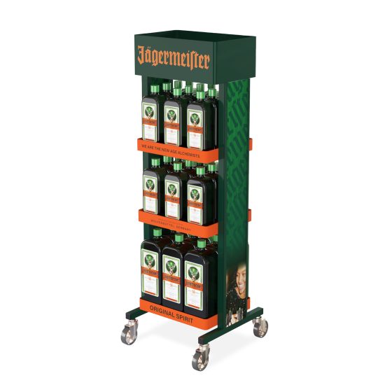 Green and orange beverage display stand with casters for retail merchandising.