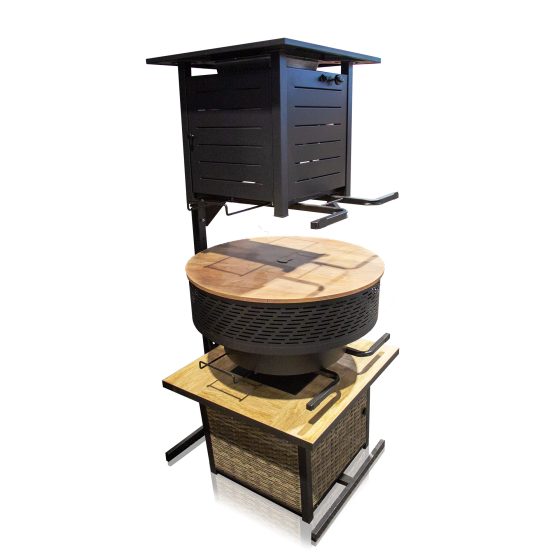 Tiered fire pit tower display showing three stacked components outdoor fire pits.