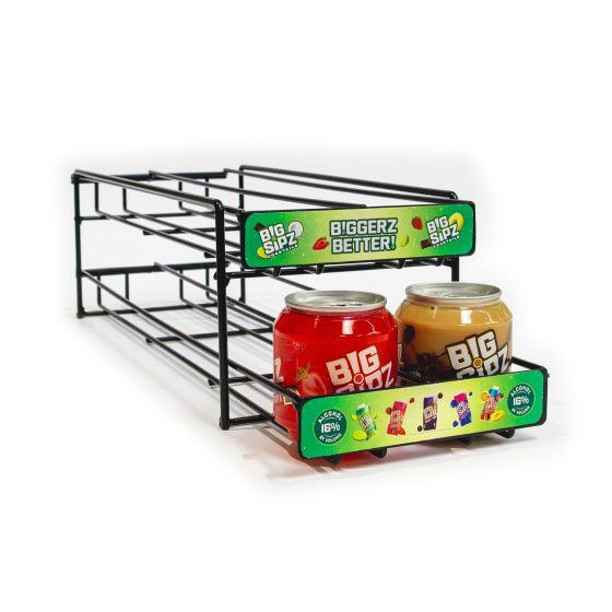 Black metal tiered counter display rack for Big Sipz cocktails showing two levels with branded green header cards reading "Biggerz Better" and product lineup, displaying red and yellow cocktail jars.