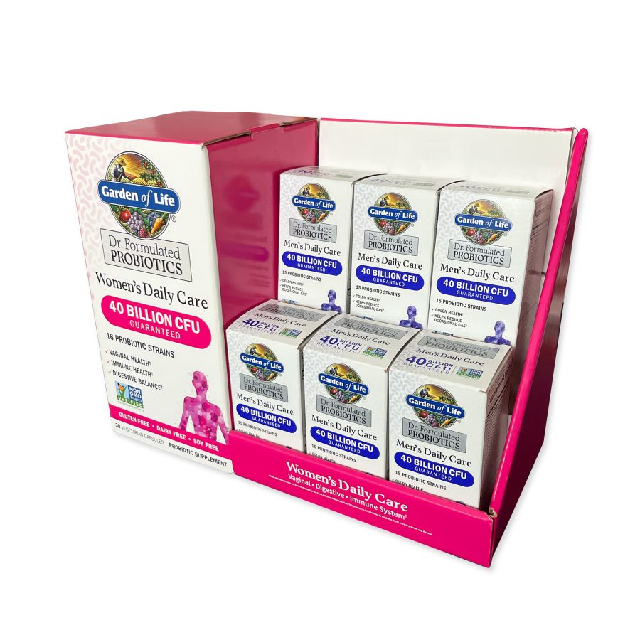 Corrugated counter display for Garden of Life Dr. Formulated Probiotics featuring Women's Daily Care and Men's Daily Care products with branded pink graphics and product compartments.