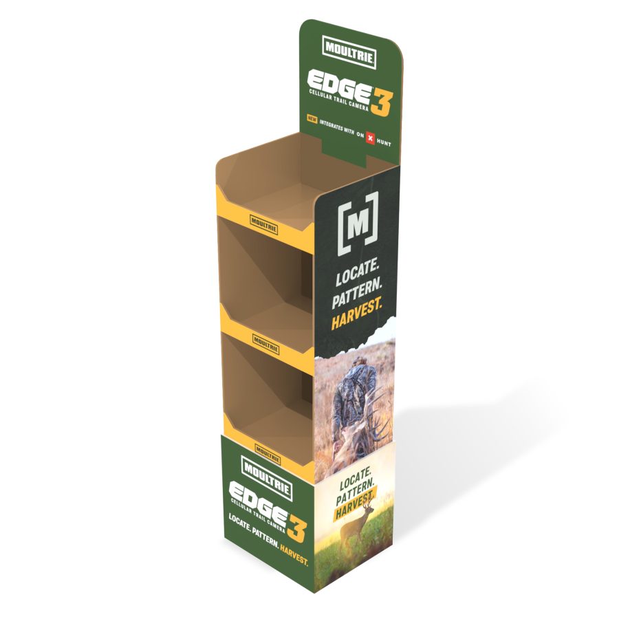 Branded corrugated retail display for Moultrie Edge 3 Cellular Trail Camera with sliding skirt, tiered shelves, and attachable header.
