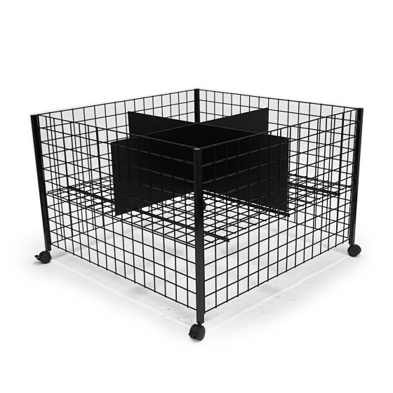 48 Inch Mobile Dump Bin Display in gloss black on mobile locking casters designed for retail merchandising with PVC dividers for greater SKU merchandising and organization.