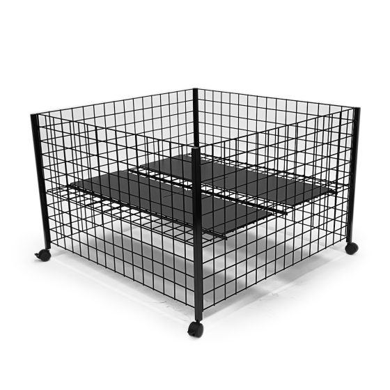 48 Inch Mobile Dump Bin Display in gloss black on mobile locking casters designed for retail merchandising with PVC dividers laying flat within the bin.